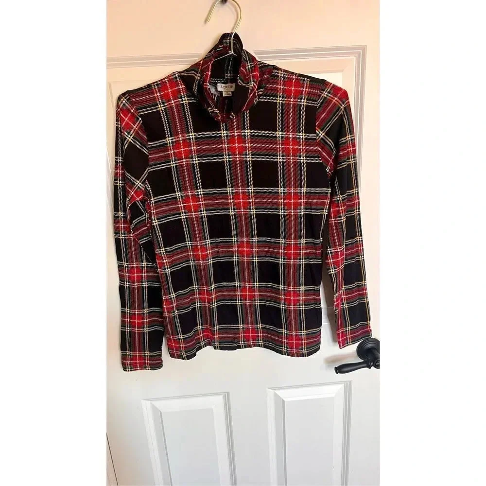 J. Crew Womens Black Red‎ Tartan Plaid Turtle Neck Long Sleeve Top Small NWT